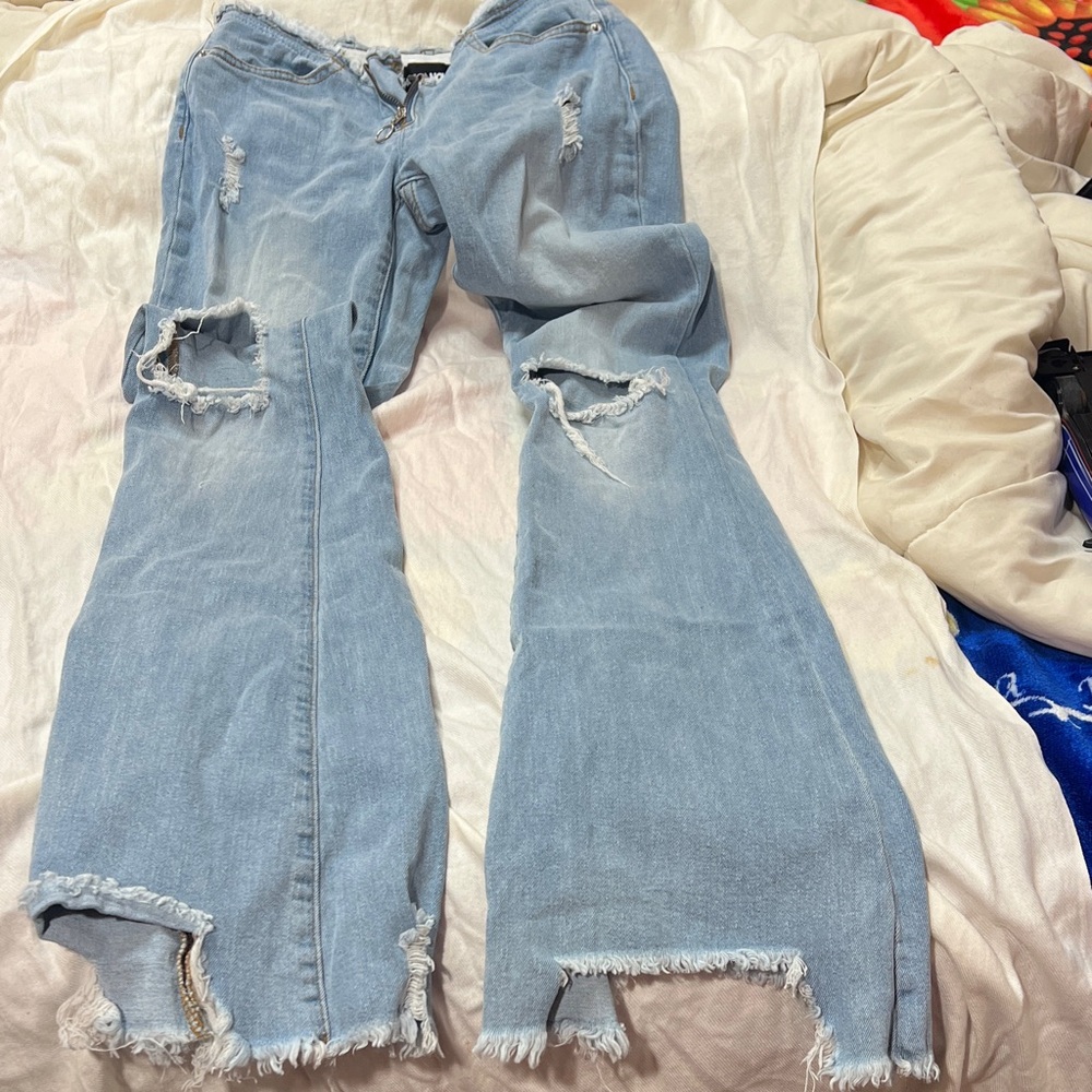 Fashion Nova Light Blue Distressed Flare Jeans